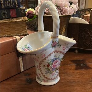 Floral Porcelain Basket with Pink and Gold Accents